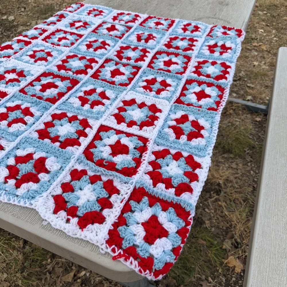Handmade Crochet Granny Square Blanket Red White Blue Throw 39x33 Cottagecore